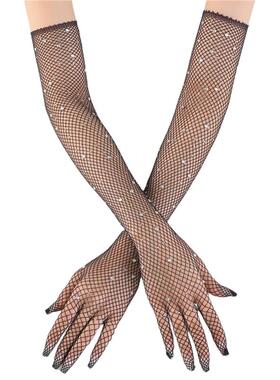 丝袜手冲手套欧美时尚闪钻网眼蹦迪复古网格黑色弹力彩钻配饰手套