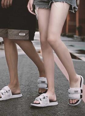 拖鞋情侣款一男一女夏男士时尚外穿男女凉拖白色软底一字拖潮