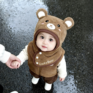 婴儿帽子秋冬季宝宝毛绒帽围巾一体毛线帽儿童冬季防风婴幼儿新款