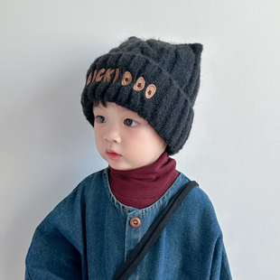 宝宝帽子秋冬季儿童针织帽可爱护耳帽女童男童外出加厚毛线帽冬天