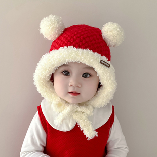 儿童帽子冬季宝宝毛线帽女童男童针织帽红色男加厚保暖护耳帽冬天