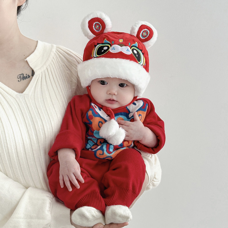 婴儿帽子秋冬季毛绒帽宝宝婴幼儿周岁帽喜庆红色护耳帽冬天套头帽