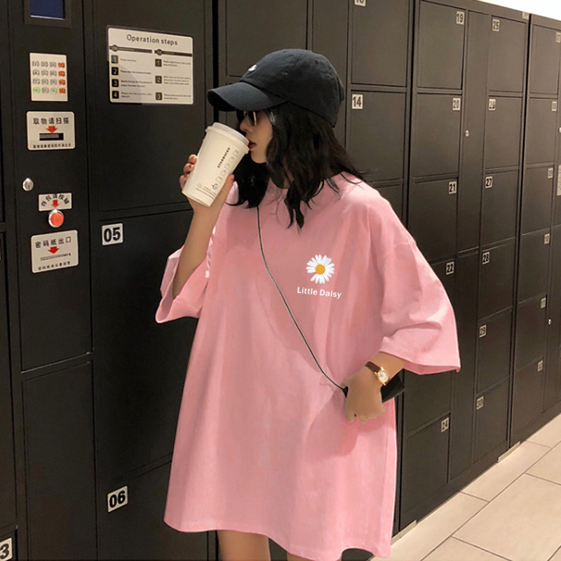 宽松粉色小雏菊t恤女短袖中长款大码韩版打底衫下半身玩失踪上衣