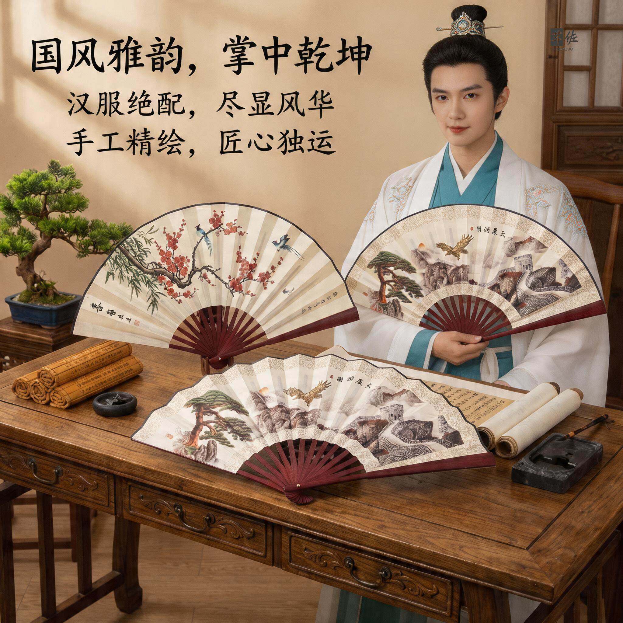 便携式折叠扇子古风国风汉服男款结实耐用跳舞专用随身古典折扇