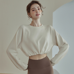 宽松运动T恤女圆领下摆抽绳收腰短款 休闲卫衣秋 露脐健身瑜伽长袖