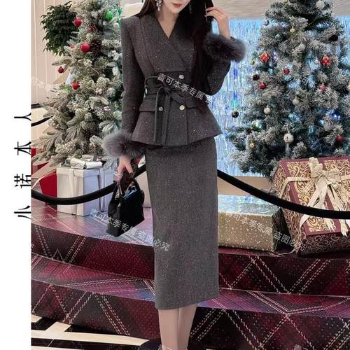 小诺2024冬季系带毛呢套装亮闪