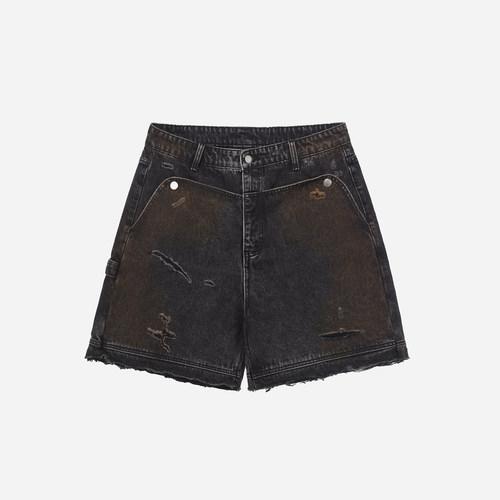 ATHIRI 阔腿锈迹宽松破洞洗水做旧磨破重磅五分伐木牛仔短裤