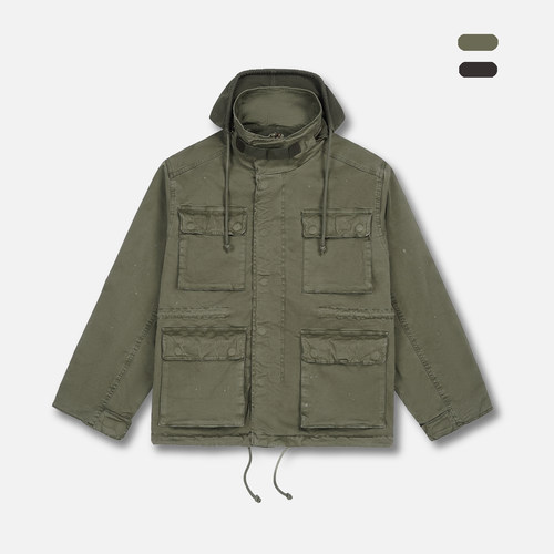 ATHIRI 美式复古猎装M65洗水做旧涂鸦外套宽松多口袋连帽工装夹克