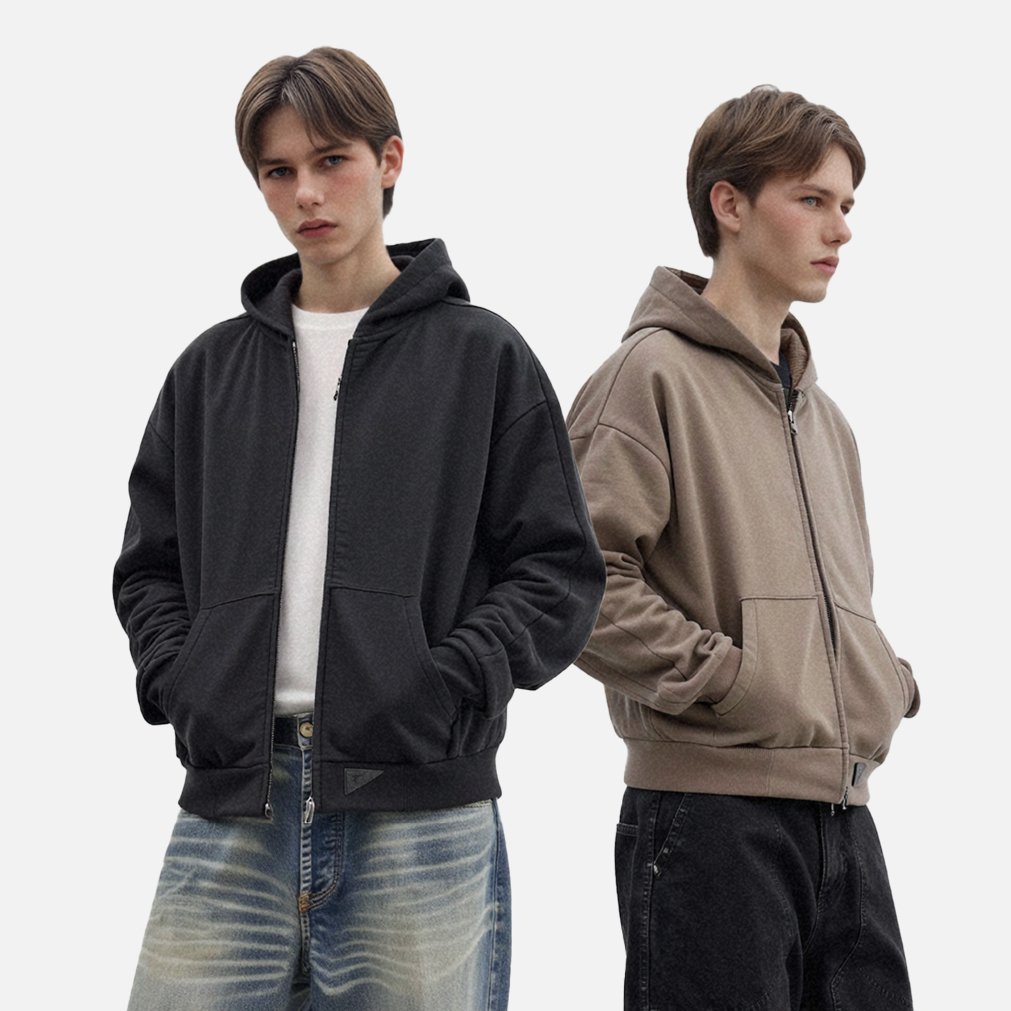 ATHIRI 后幅褶皱廓形设计华夫格连帽双拉链短宽重磅卫衣