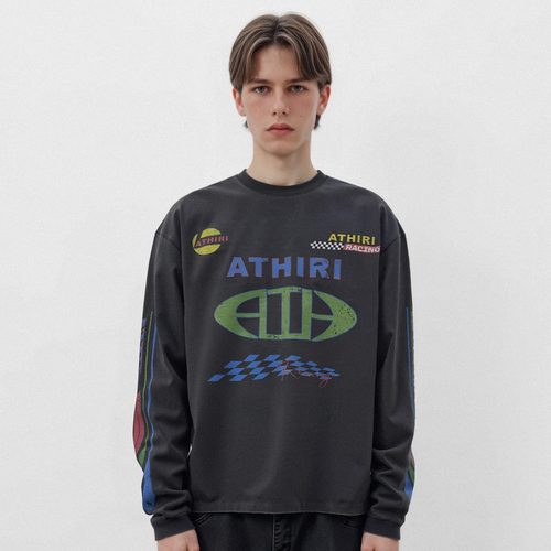 ATHIRI 赛车俱乐部康丽数码印花件染复古洗水做旧纪念长袖t恤