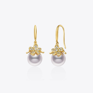 Meluxe繁花系列钻石耳钩黄18K金akoya海水珍珠耳环耳饰高级感耳坠