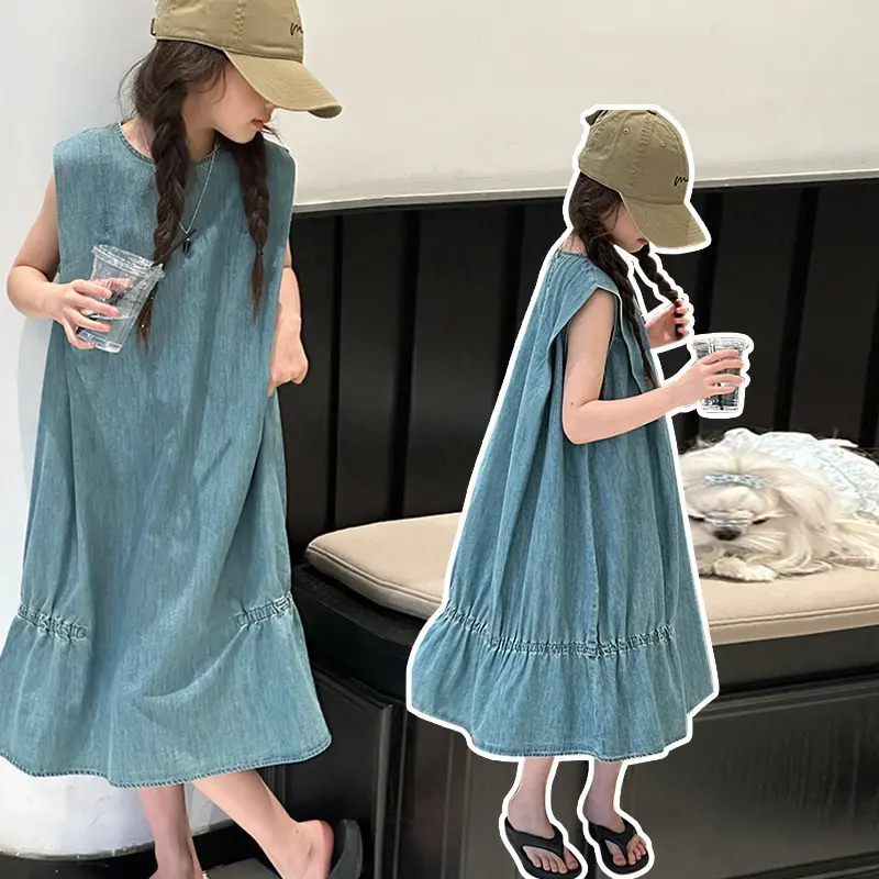桔子虎复古无袖牛仔连衣裙女童2025夏季新款韩版显瘦背心天丝中长