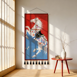 中式风格白马图案挂毯客厅装饰喜庆流苏长条形壁毯家居挂画新中式