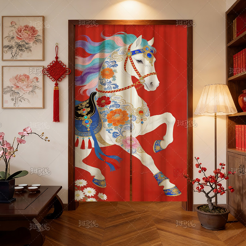 中式红色门帘新年喜庆组合帘卧室家用免打孔半帘隔断帘布艺遮挡帘