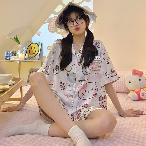 睡衣女款夏季仿丝绸带胸垫hellokitty可爱冰丝短袖家居服套装夏天