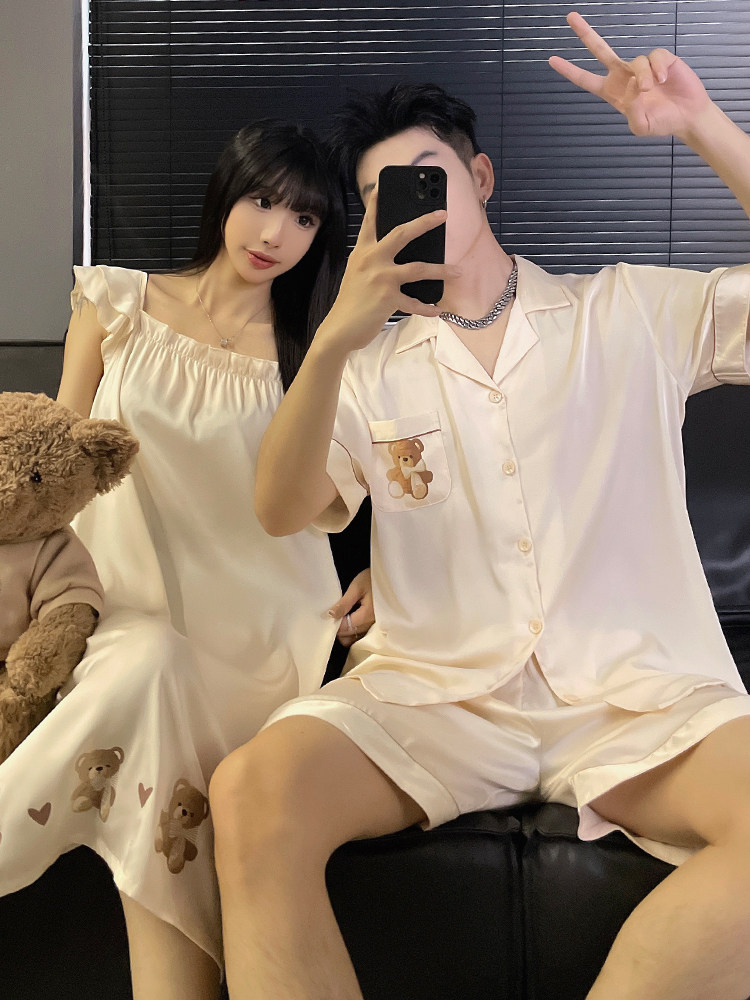 2023新款夏季彷真丝情侣睡衣大码冰真丝睡衣女式夏季男式家庭服装