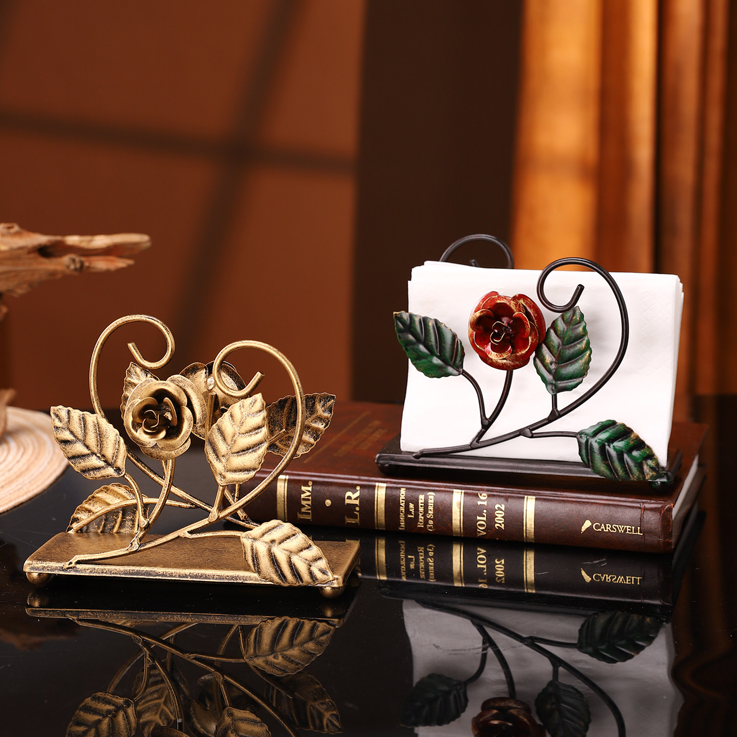 复古金属玫瑰花纸巾架高档餐厅厨房桌面立式收纳酒店装饰餐巾纸夹