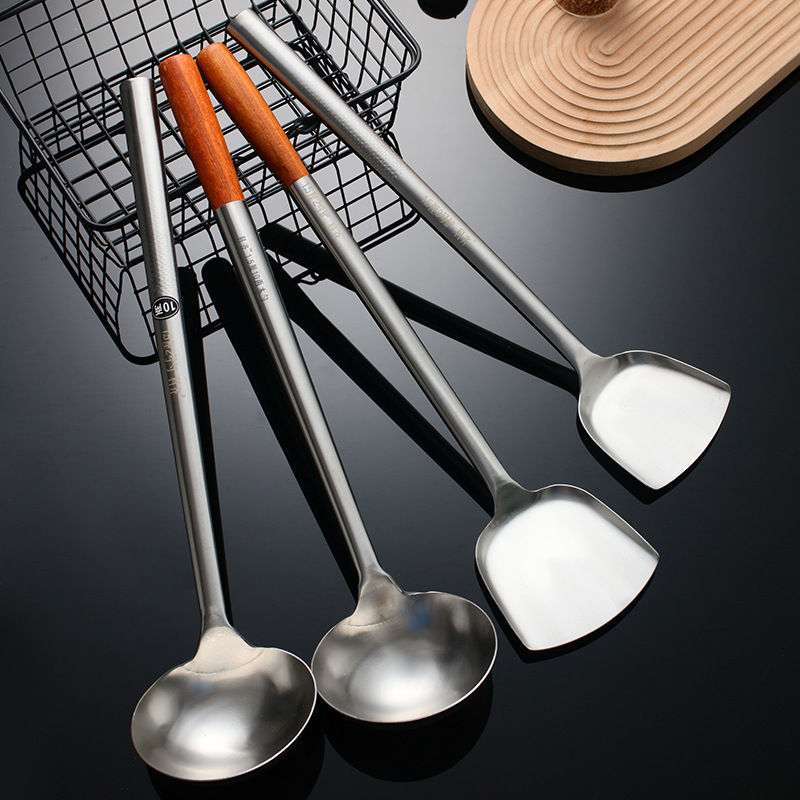厨师炒勺1234号铲勺不锈钢加长木柄钢柄烹饪炒菜铲勺无磁商用厨房