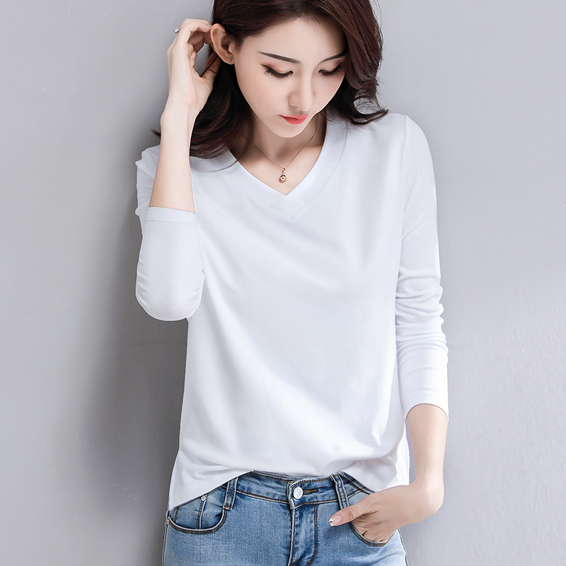 白色v领长袖t恤女内搭潮短款宽松韩版打底衫洋气显瘦上衣2020秋季