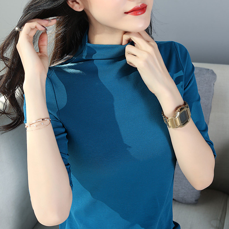 蓝色打底衫女小半高领五分中袖七分袖上衣内搭修身t恤2020春秋冬
