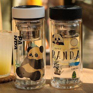 网红可爱水杯女生泡茶杯子 熊猫双层隔热玻璃杯耐热防爆耐高温男士
