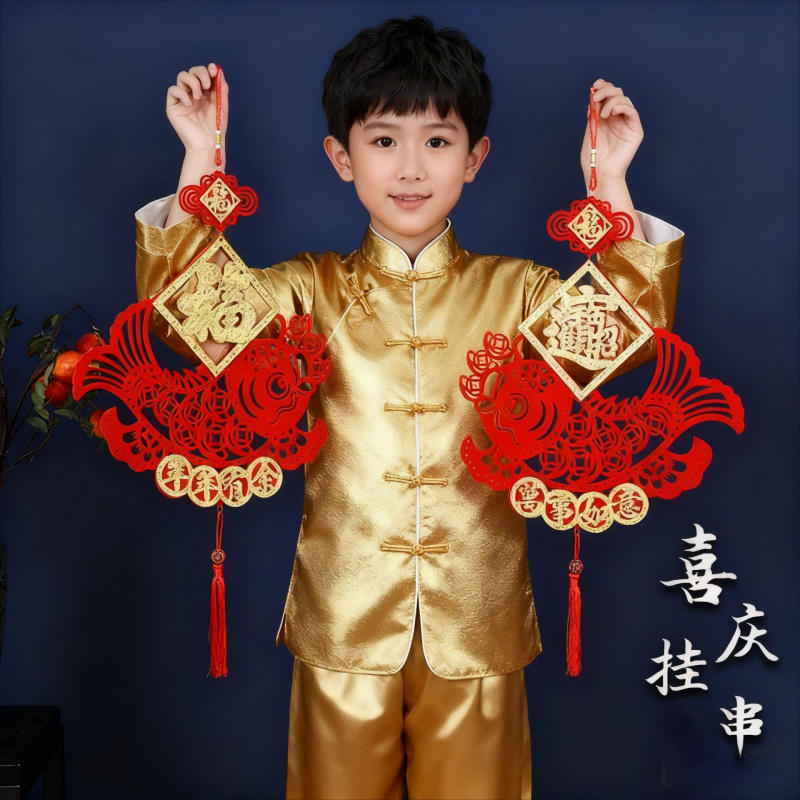 新年客厅玄关电视背景氛围墙装饰品绒布蛇年春节红色挂饰双鱼挂件