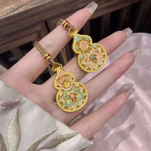 足银999.9古法海棠花花丝镂空冷珐琅葫芦吊坠手工编织项链新中式