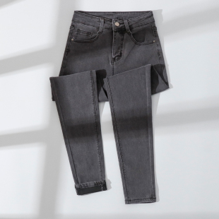 烟灰色薄绒牛仔裤女小脚秋冬高腰弹力紧身显瘦磨毛抓绒保暖铅笔裤