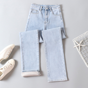 加绒加厚牛仔直筒九分裤女冬季新品2024高腰弹力宽松显瘦烟管裤子