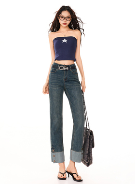 复古卷边牛仔直筒裤女春夏新品2026弹力修身显瘦翻边烟管九分裤子