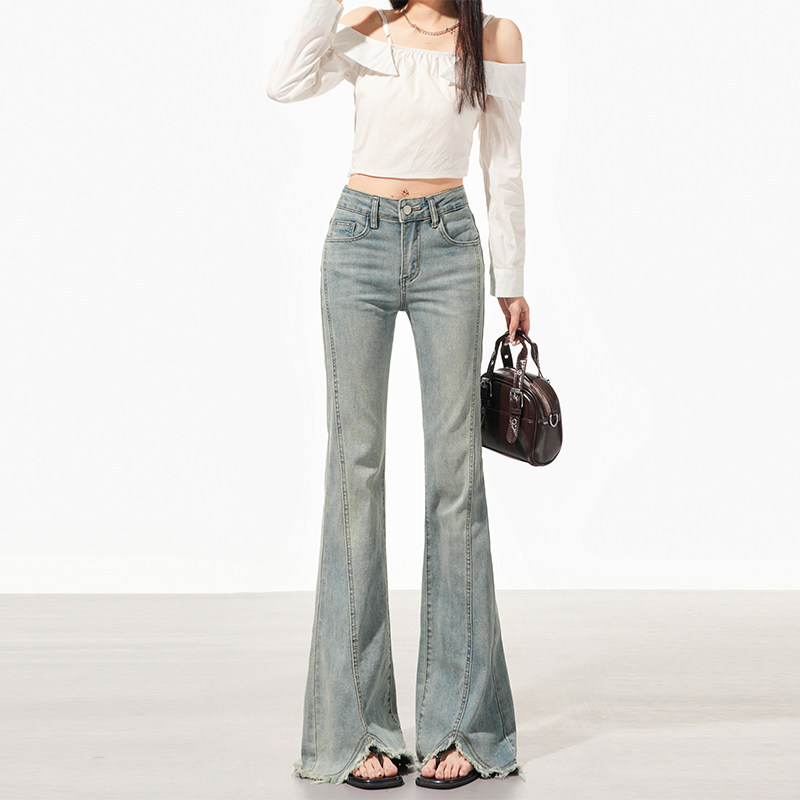 2026春秋新品高腰流苏牛仔喇叭裤女小众设计感修身显瘦拖地马蹄裤,女装/女士精品,牛仔裤,淘宝优惠券,粉丝福利购,淘宝优惠卷