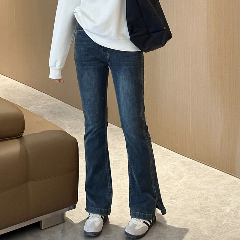 大码女装复古直筒牛仔裤女超弹高腰显瘦微胖妹妹梨型身材微喇长裤