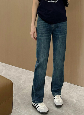 BBH/步步红复古蓝直筒牛仔裤女春季高腰微胖mm大码显瘦梨形身材裤