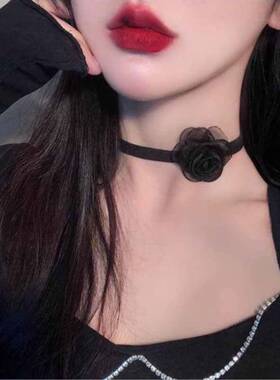 蕾丝玫瑰花锁骨链黑色脖圈气质项链礼服配饰gr