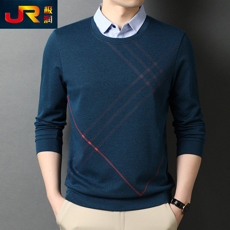 男士春秋季假两件长袖T恤宽松翻领中青年POLO衫男大码潮流打底衫