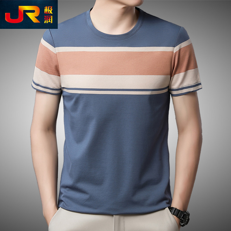 男士纯棉圆领条纹短袖T恤衫中青年韩版时尚休闲上衣服半截袖汗衫