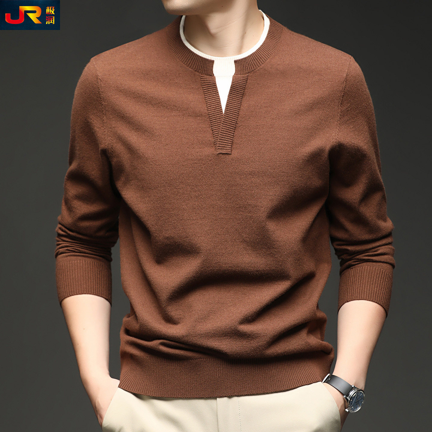 2025秋季薄款含绵羊毛针织衫男士圆领毛衣休闲潮流假两件打底小衫