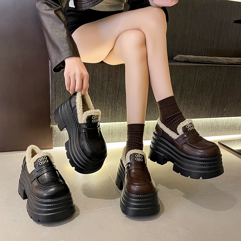 厚底松糕鞋女205新款冬季加绒保暖棉鞋女增高乐福鞋英伦风小皮鞋