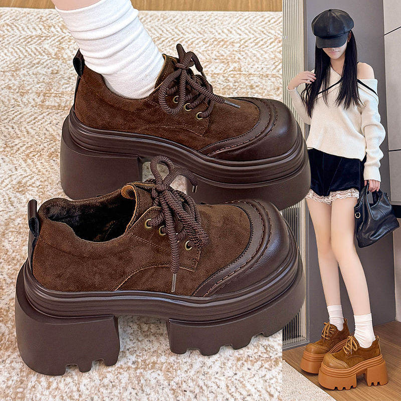 棕色复古英伦风小皮鞋女2025冬季新款厚底百搭加绒保暖勃肯棉鞋