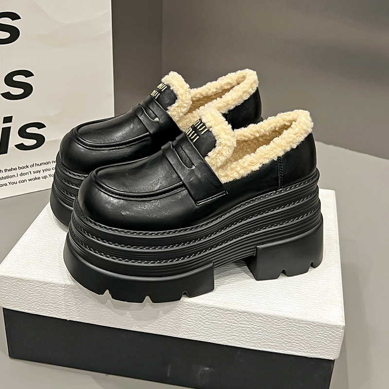 10cm超厚底乐福鞋女2025新款冬季加绒增高毛毛鞋小个子松糕小皮鞋