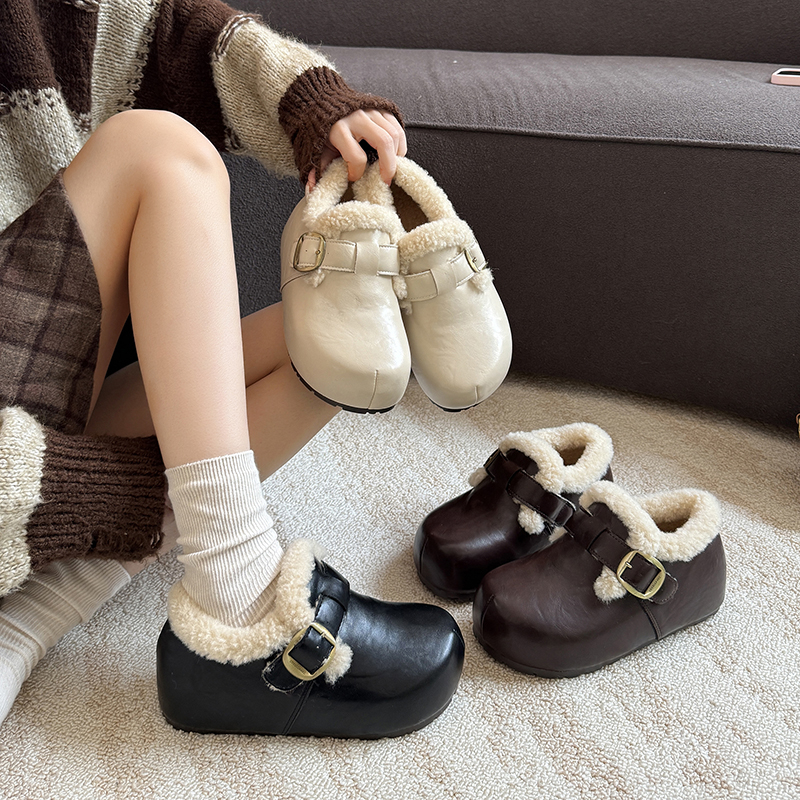 内增高厚底加绒全包勃肯鞋小皮鞋女2025新款冬雪地靴乐福毛毛棉鞋
