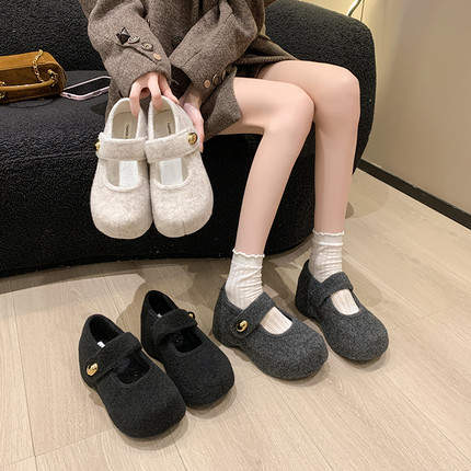 7CM内增高温柔圆头玛丽珍毛毛鞋女2025秋冬季晚风加绒棉勃肯鞋子