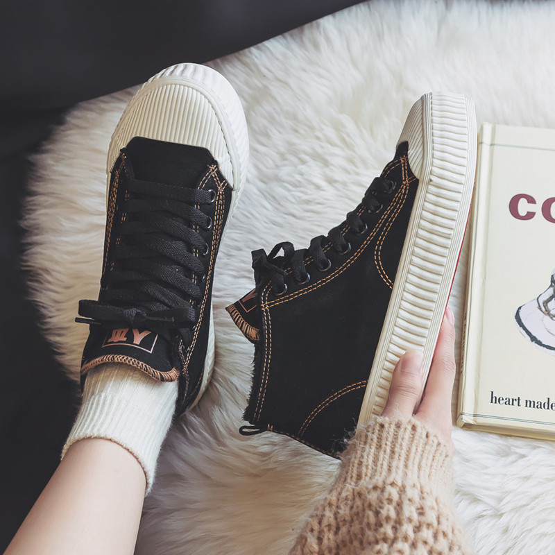 人本高帮加绒帆布鞋女2024秋冬新款百搭饼干鞋冬季厚底保暖二棉鞋
