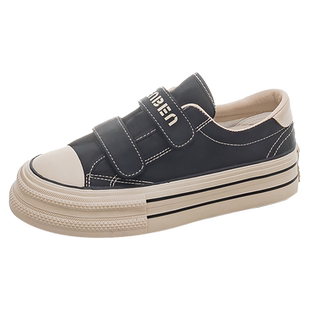 人本帆布鞋女2026春季新款厚底增高女鞋透气魔术贴休闲百搭板鞋子