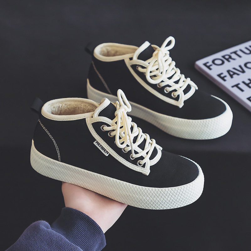 人本高帮加绒帆布鞋女2024秋冬新款百搭板鞋冬季学生厚底保暖棉鞋