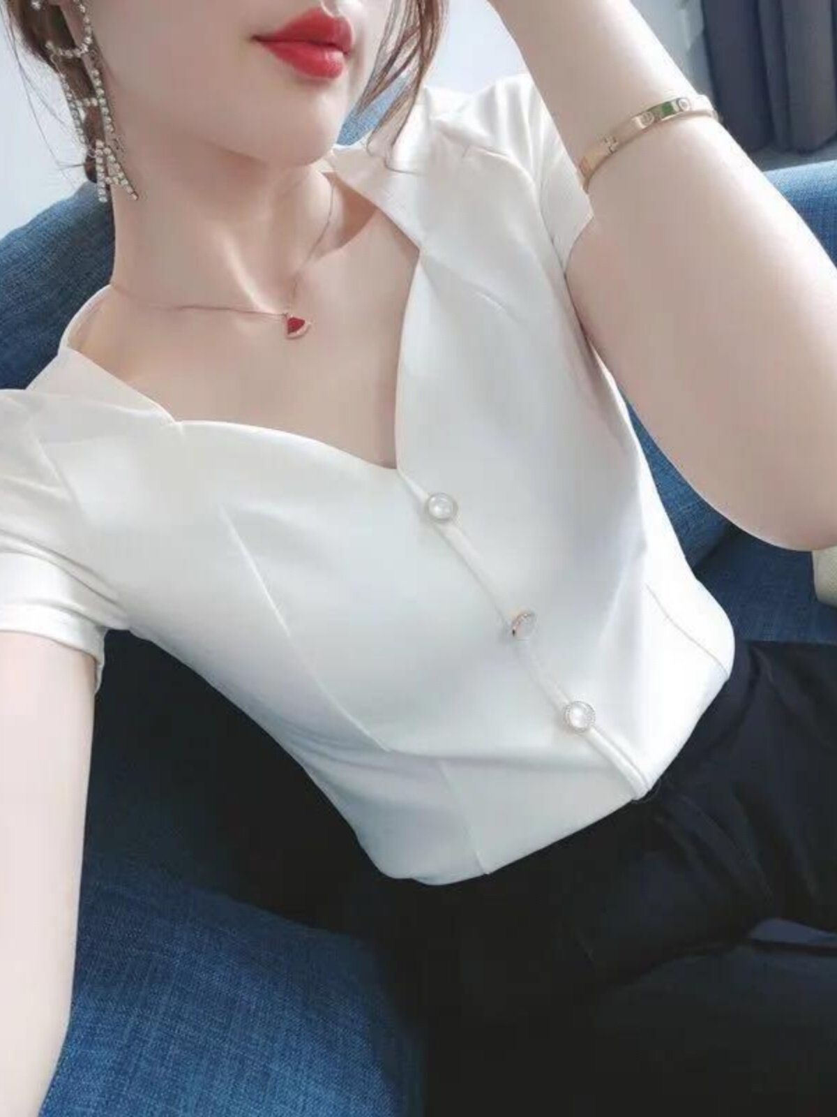 CHIFFON SHIRT WOMENS PLUS SIZE SUMMER 2024 NEW FASHION SHIRT FOREIGN STYLE SHIRT HIGH END T-SHIRT SHORT SLEEVE TOP