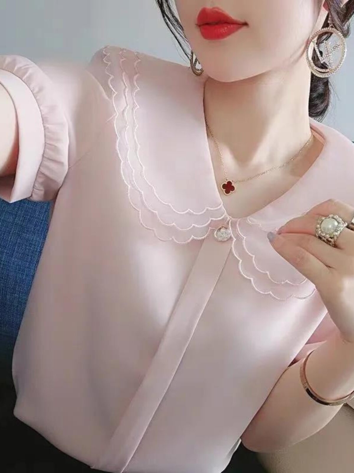 SHORT SLEEVE CHIFFON SHIRT WOMENS SUMMER DRESS 2024 NEW TEMPERAMENT FASHION SHIRT FOREIGN STYLE SMALL SHIRT DOLL COLLAR PLUS SIZE TOP