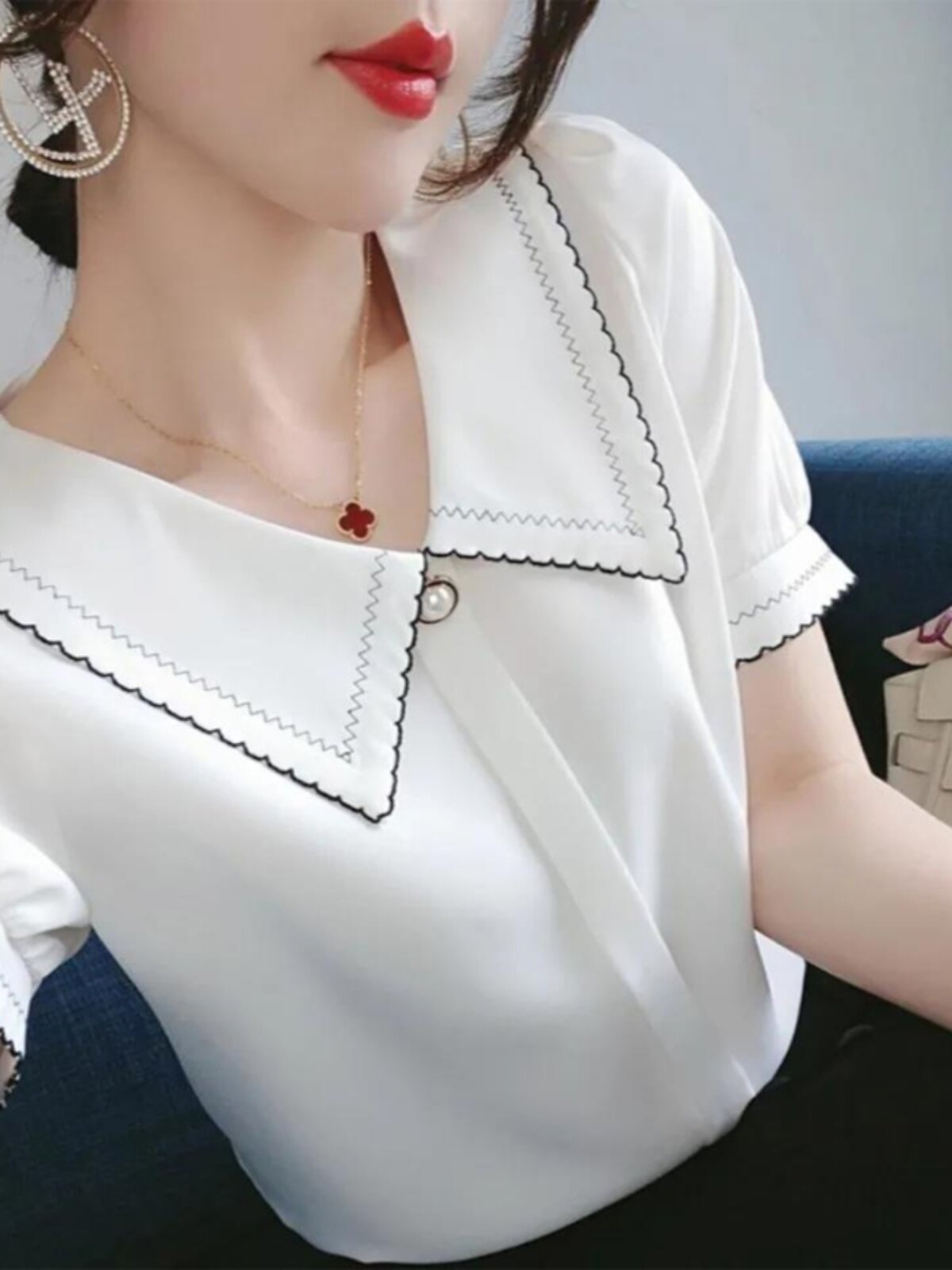 CHIFFON SHIRT WOMENS SUMMER DRESS 2024 NEW VERSATILE FASHION SHIRT SMALL SHIRT PLUS SIZE FAT MM DOLL COLLAR SHORT SLEEVE TOP