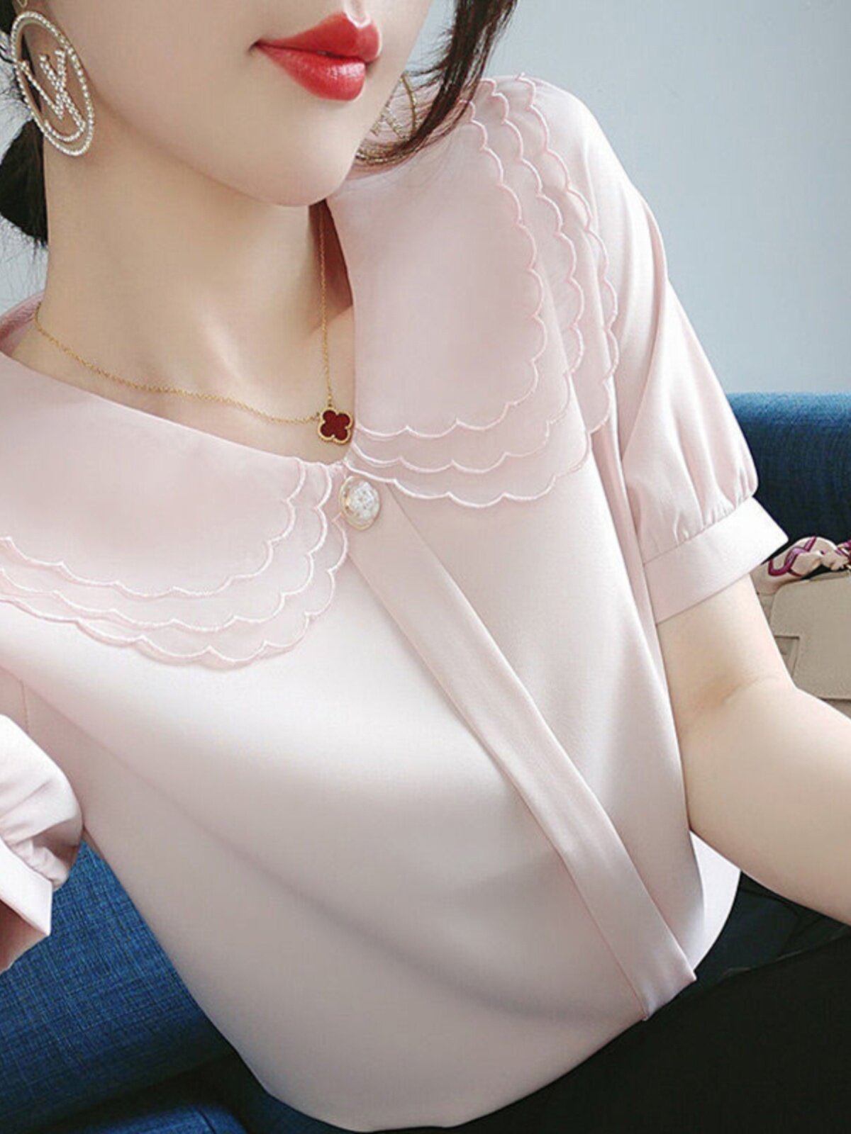 SHORT SLEEVE CHIFFON SHIRT WOMENS SUMMER DRESS 2024 NEW TEMPERAMENT FASHION SHIRT FOREIGN STYLE SMALL SHIRT DOLL COLLAR PLUS SIZE TOP
