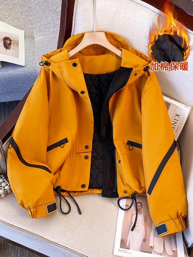 橘黄色工装冲锋衣棉服女冬夹棉加厚外套2025新款休闲派克连帽棉衣
